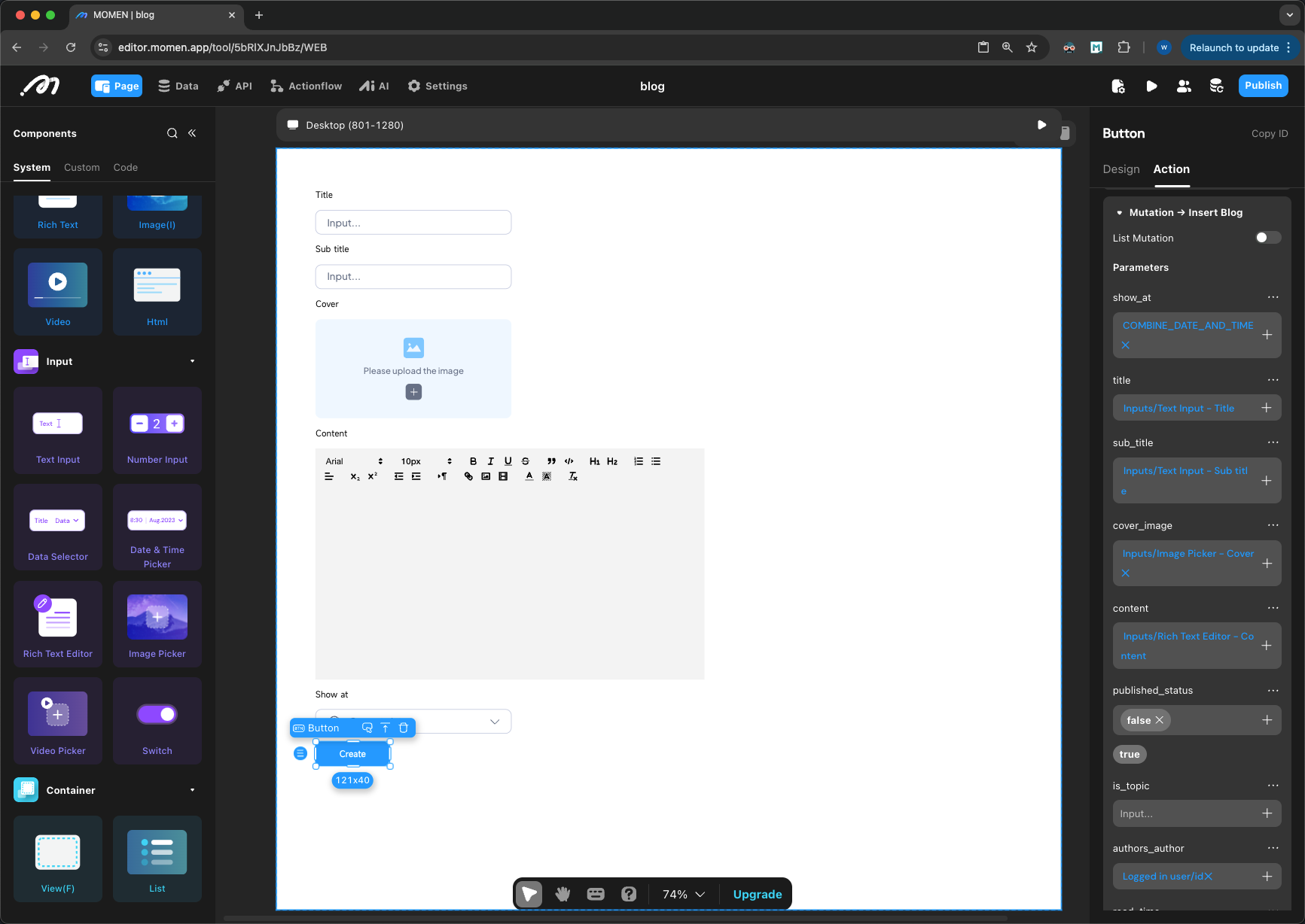 Blog upload page example